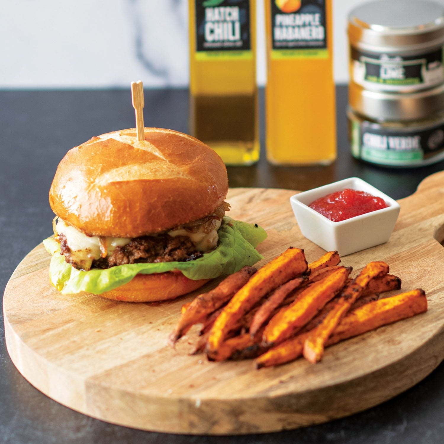 Hatch Chili Burger with Red Pepper Jam & Caramelized Onions