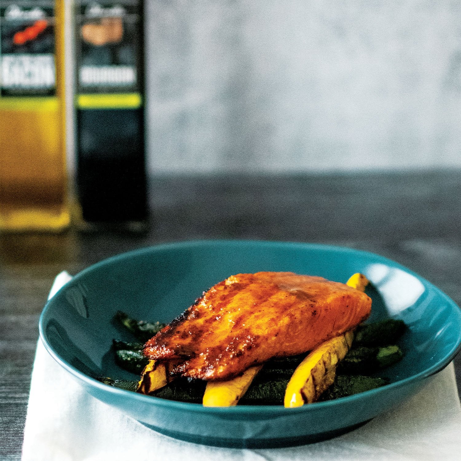 Grilled Salmon and Squash with Brown Sugar Bourbon Glaze
