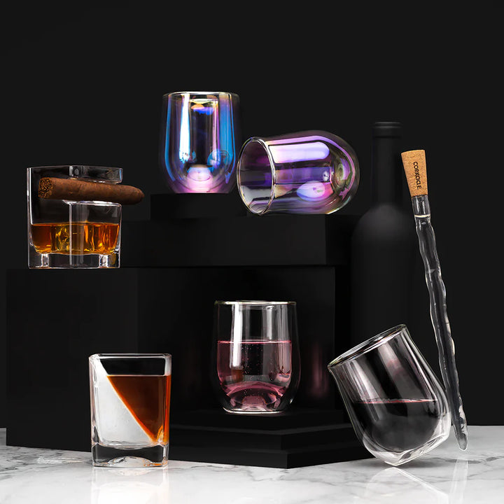 Double Walled Stemless Wine Glasses, Prism Set of 2