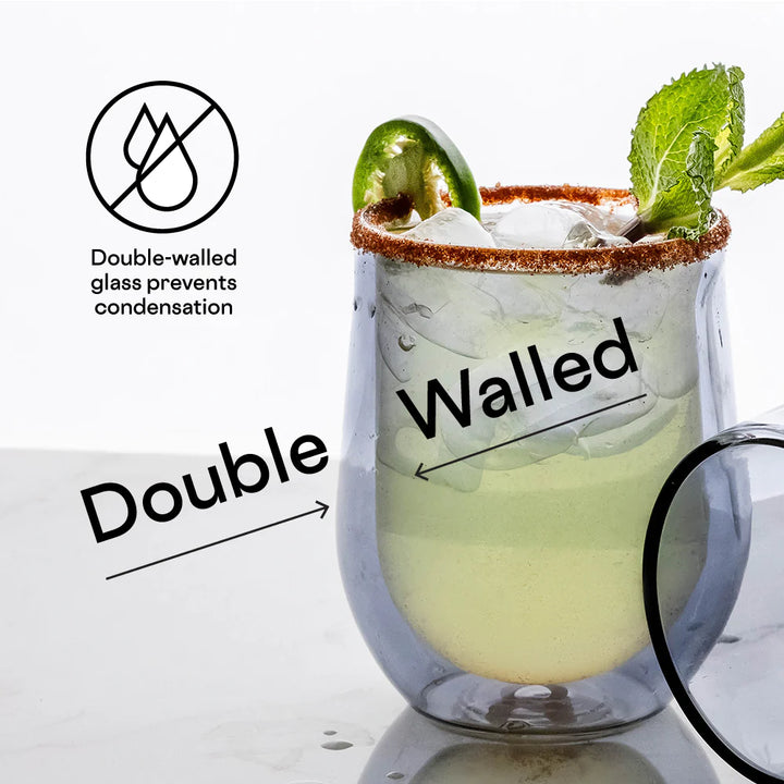 Double Walled Stemless Wine Glasses, Prism Set of 2