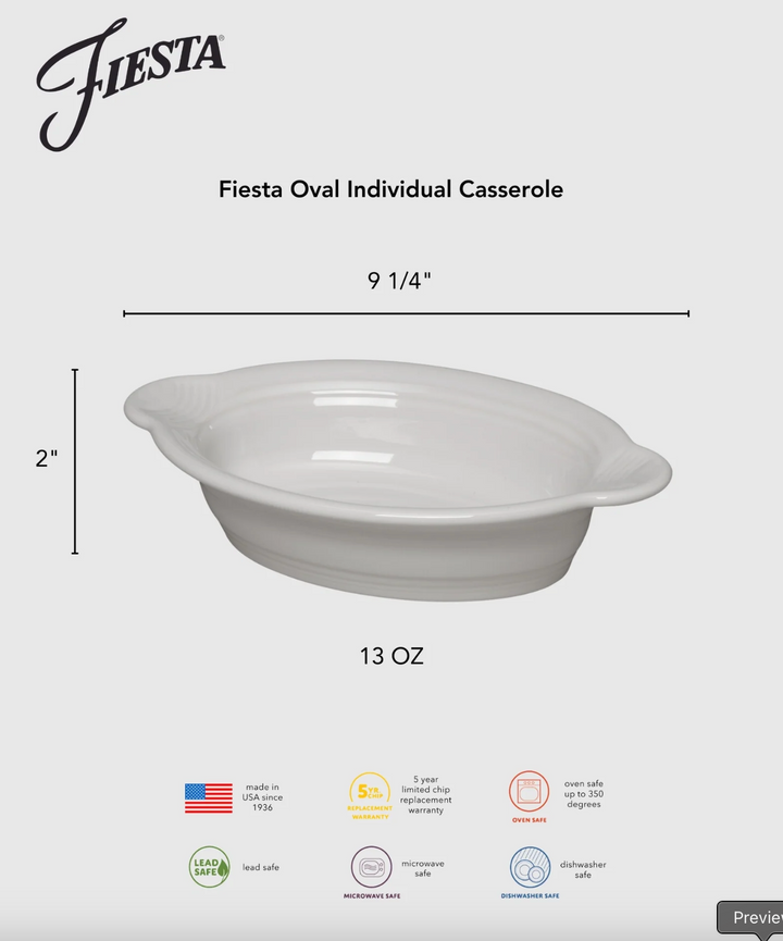 Fiestaware 9 1/8" Oval Individual Casserole, 13oz