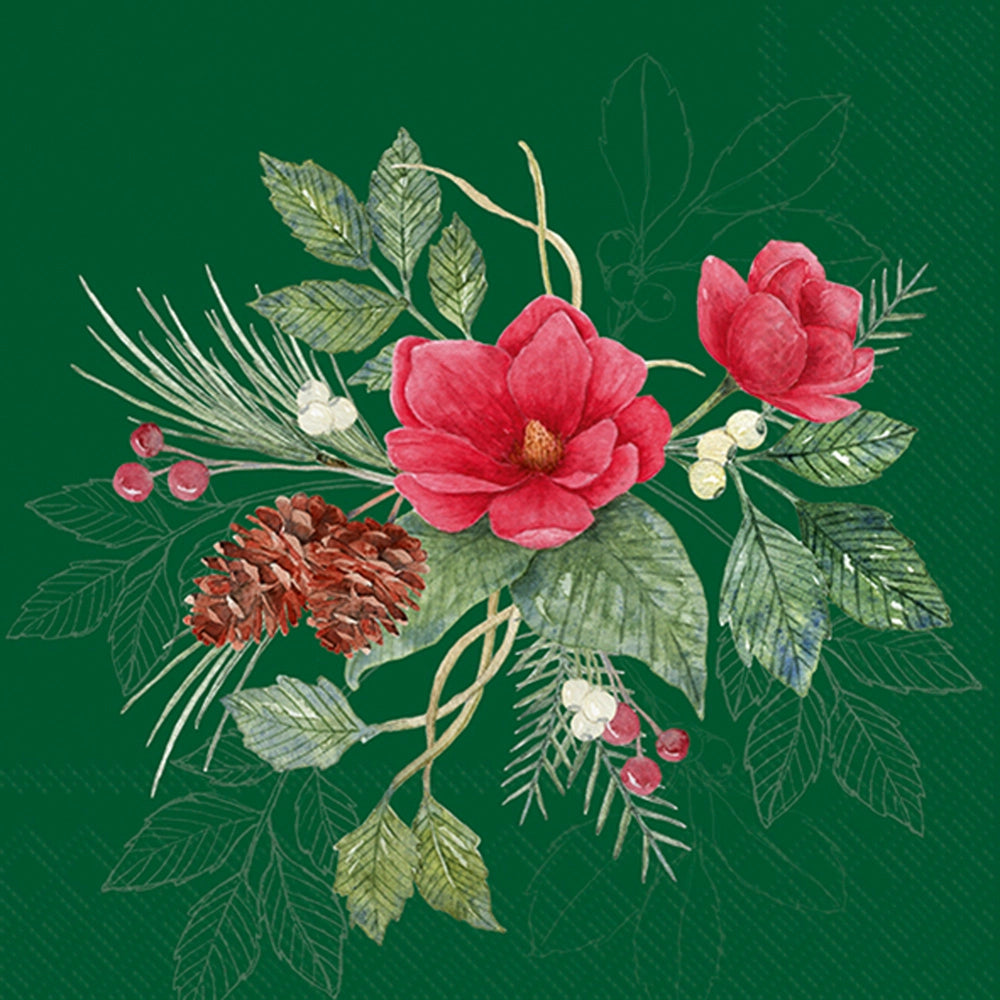 Christmas Flowers Green Cocktail Napkin