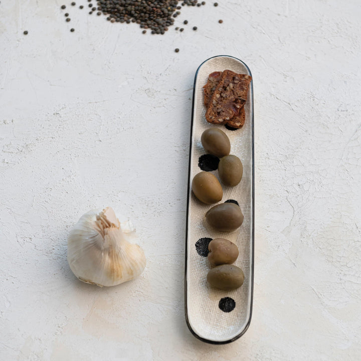Dots & Linen Texture Stoneware Oval Tray