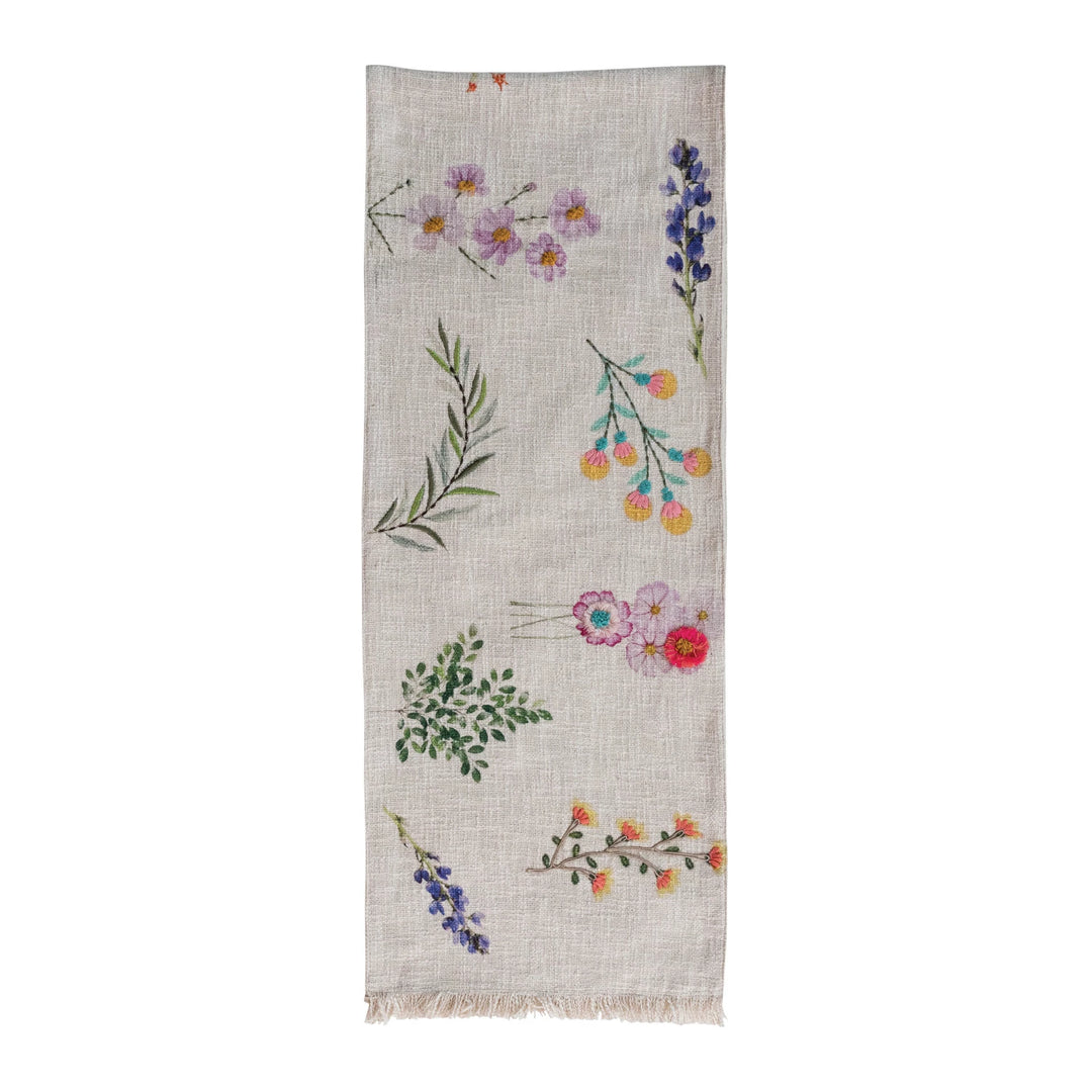 Cotton Slub Printed Table Runner w/ Flowers, Embroidery & Fringe