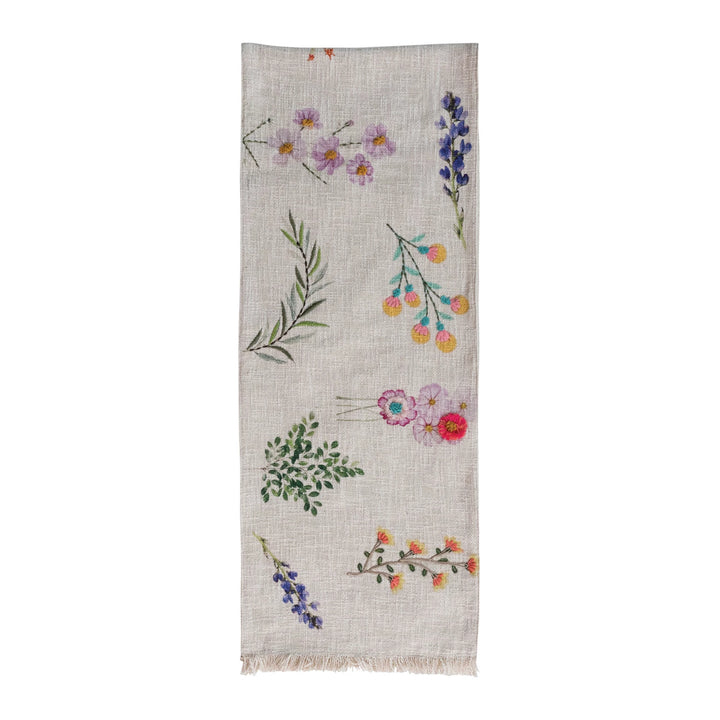 Cotton Slub Printed Table Runner w/ Flowers, Embroidery & Fringe