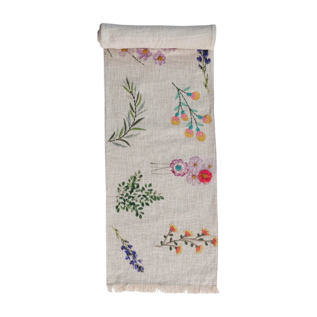 Cotton Slub Printed Table Runner w/ Flowers, Embroidery & Fringe
