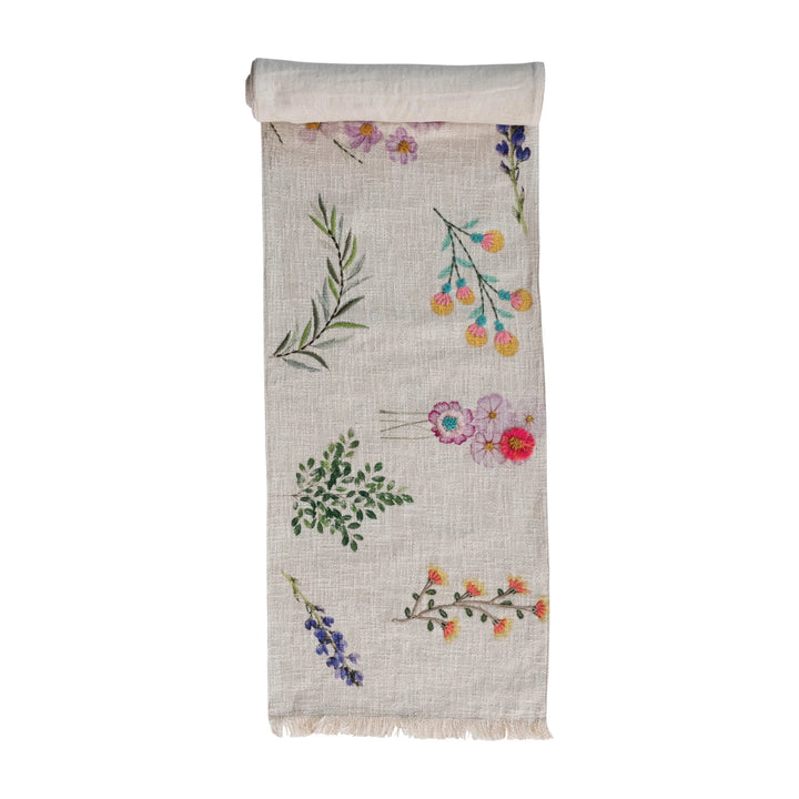 Cotton Slub Printed Table Runner w/ Flowers, Embroidery & Fringe
