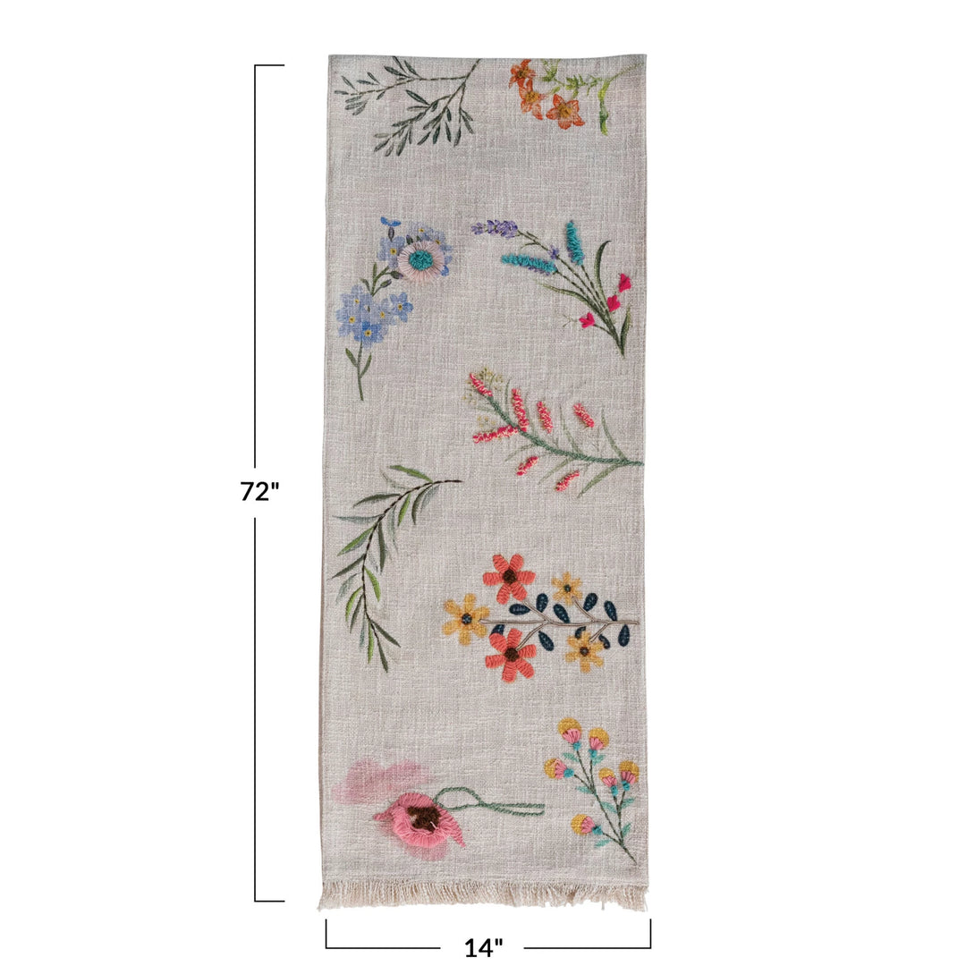 Cotton Slub Printed Table Runner w/ Flowers, Embroidery & Fringe