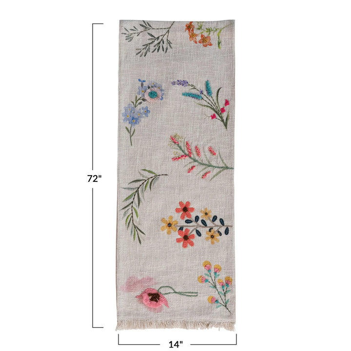 Cotton Slub Printed Table Runner w/ Flowers, Embroidery & Fringe