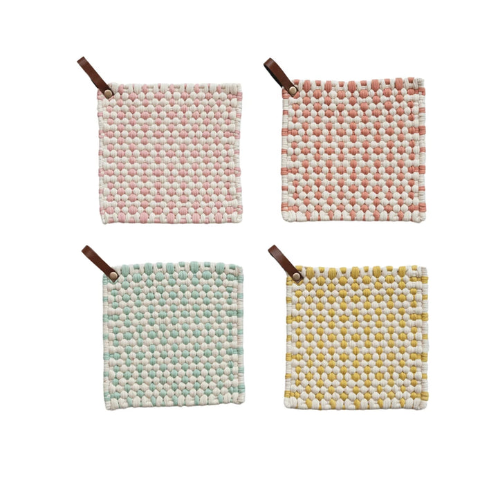 Cotton Crocheted Potholder with Leather Loop