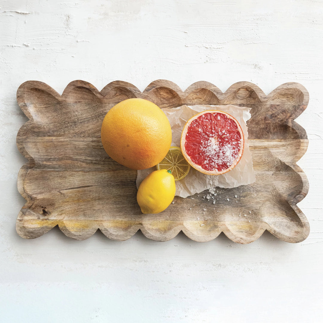 Natural Mango Wood Tray with Scalloped Edge