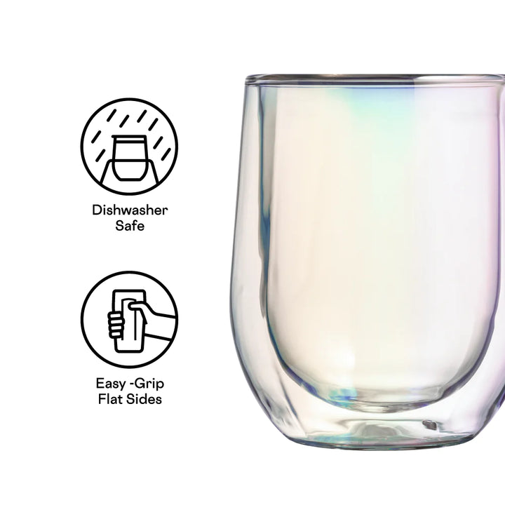 Double Walled Stemless Wine Glasses, Prism Set of 2