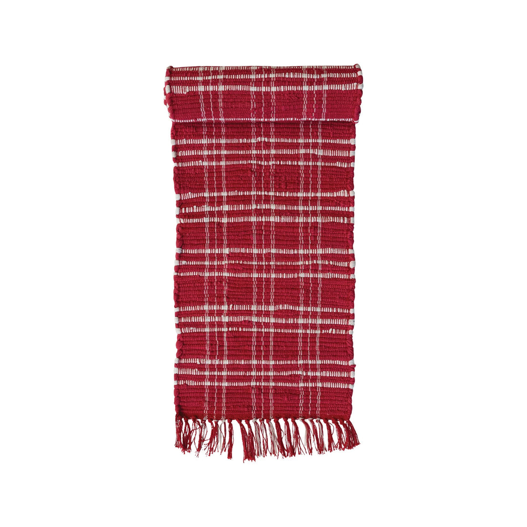 Hand-Woven Cotton Chindi Table Runner w/ Fringe, Red & White Plaid