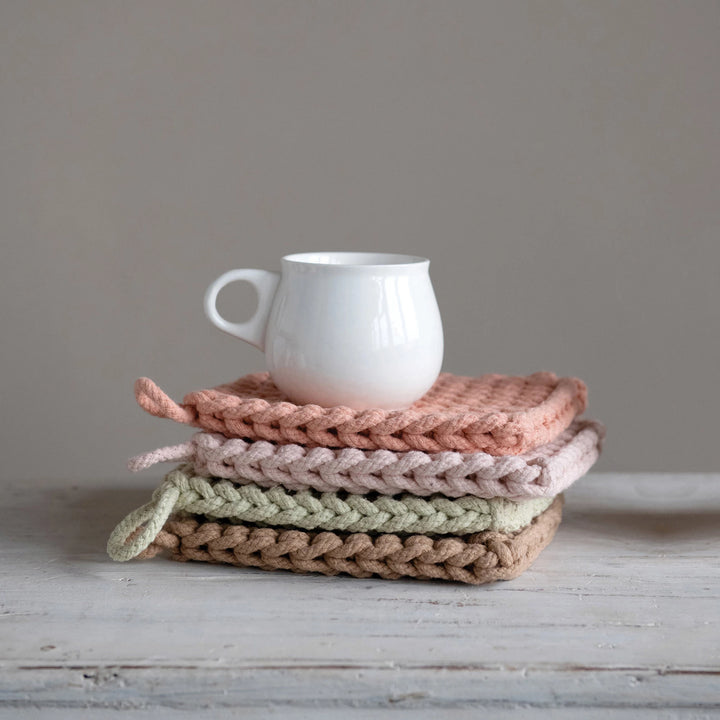 8" Square Cotton Crocheted Pot Holder - Pastels
