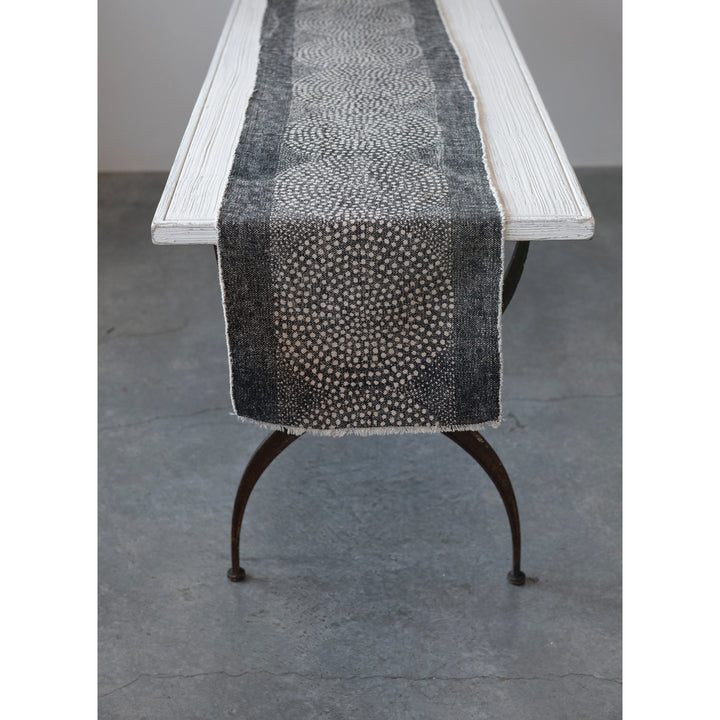 Stonewashed Cotton Canvas Table Runner with Dot Pattern and Frayed Edges