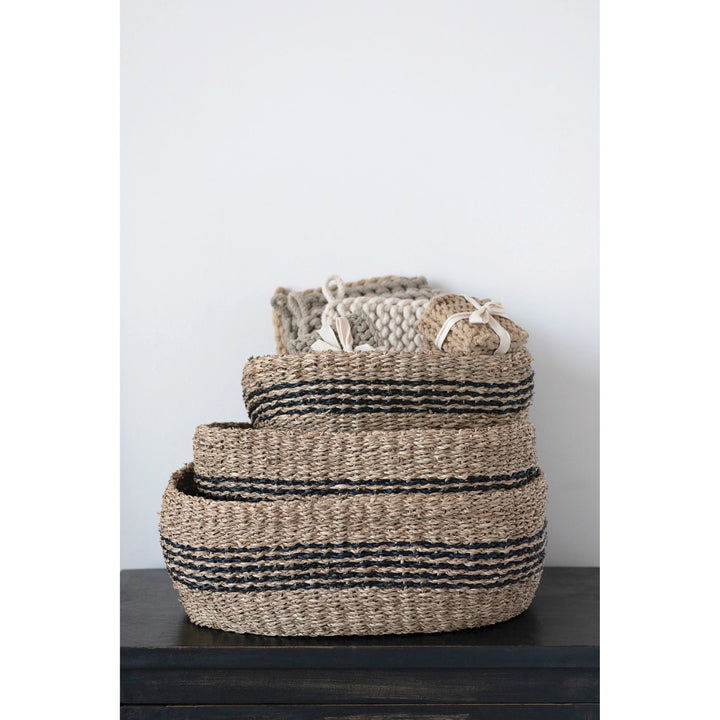 Handwoven Sea Grass Baskets with Black Stripes