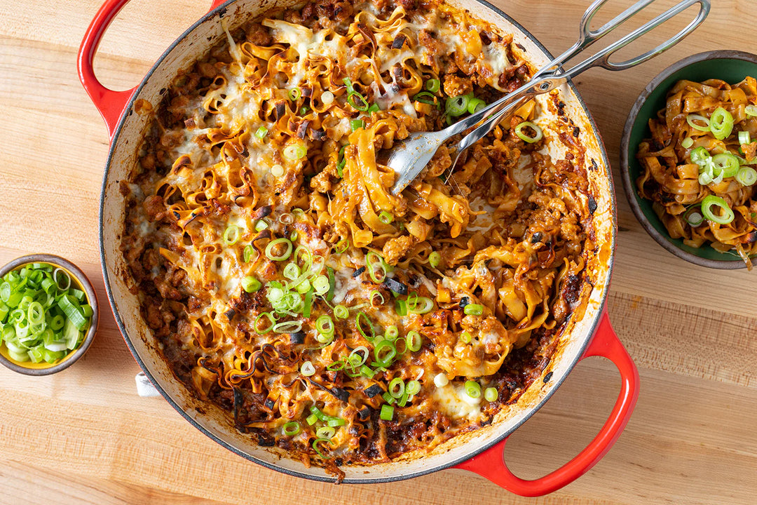 Cheesy Tingly Wavy Noodle Bake with Spicy Pork