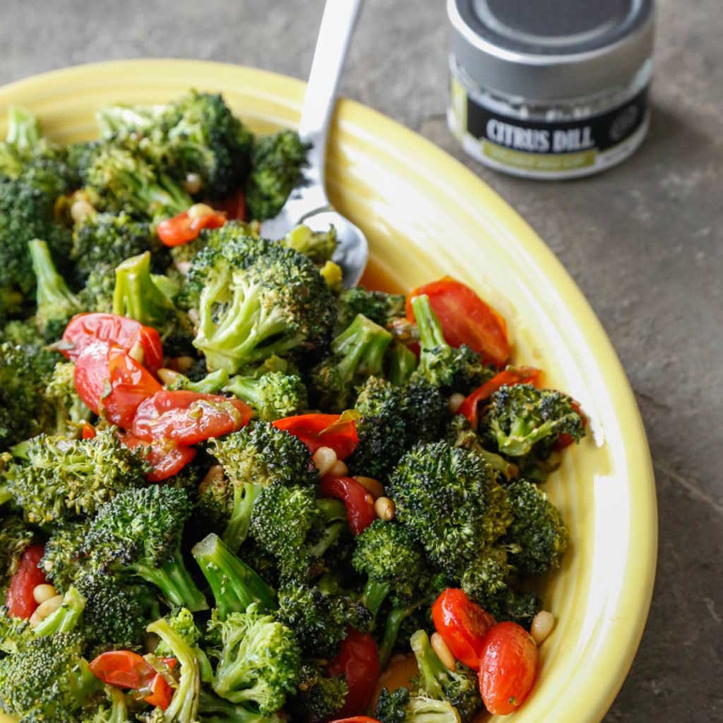 Roasted Broccoli with a Warm Tomato Herb Vinegarette