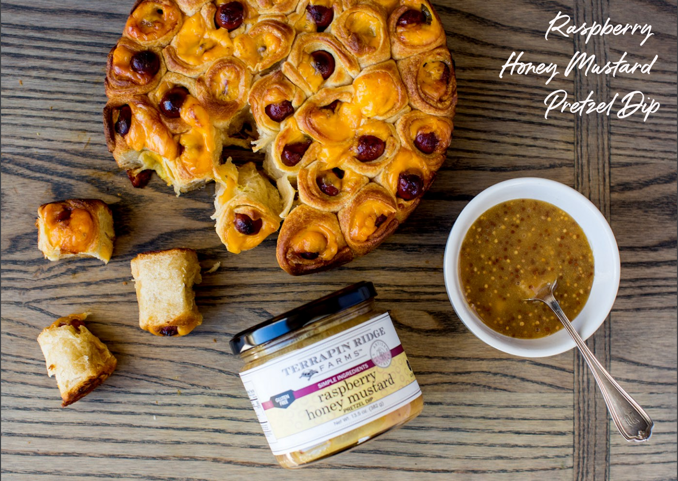 Cheesy Pigs in a Blanket with Raspberry Honey Mustard Dip