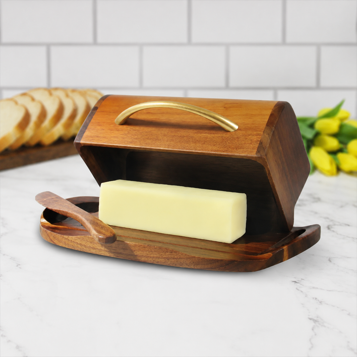 Butterie Acacia Wood Flip-Top Butter Dish w/ Spreader Brass Handle