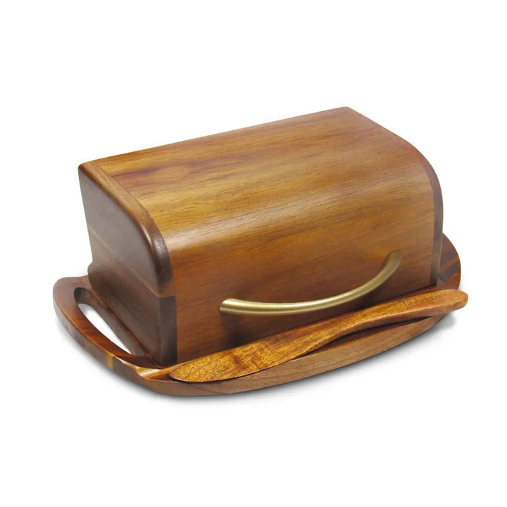 Butterie Acacia Wood Flip-Top Butter Dish w/ Spreader Brass Handle