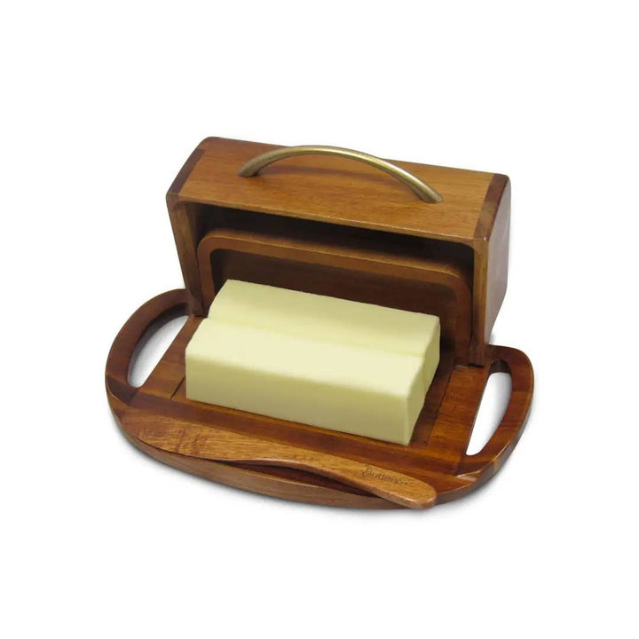 Butterie Acacia Wood Flip-Top Butter Dish w/ Spreader Brass Handle