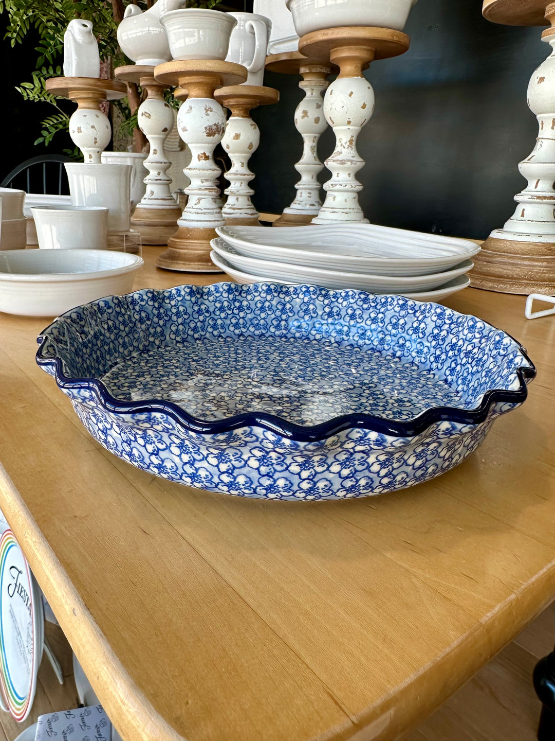 Polish Pottery Ruffled Pie Plate/Round Baker - Light Blue + White Flowers