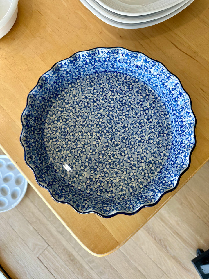 Polish Pottery Ruffled Pie Plate/Round Baker - Light Blue + White Flowers