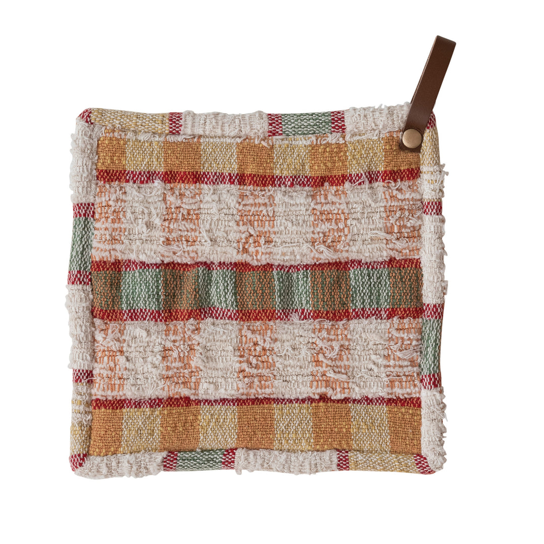 Woven Cotton Slub & Wool Striped Pot Holder with Leather Loop