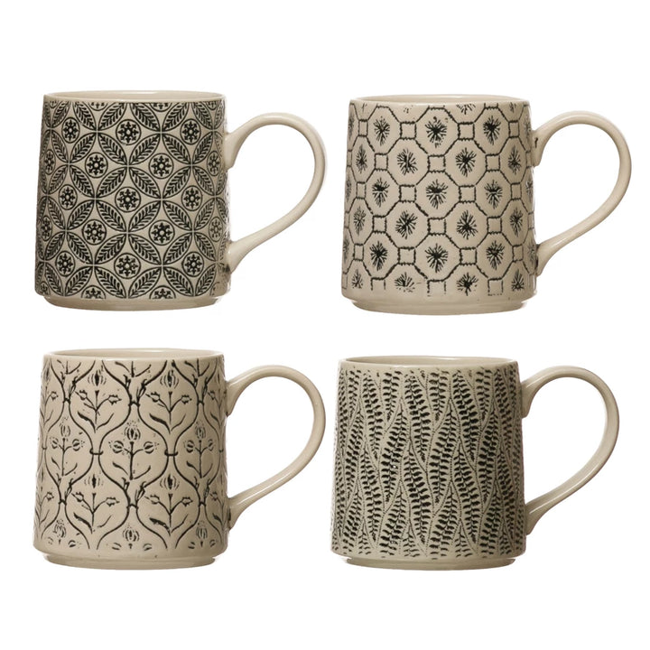 Hand-Stamped Black and White Mugs with Pattern