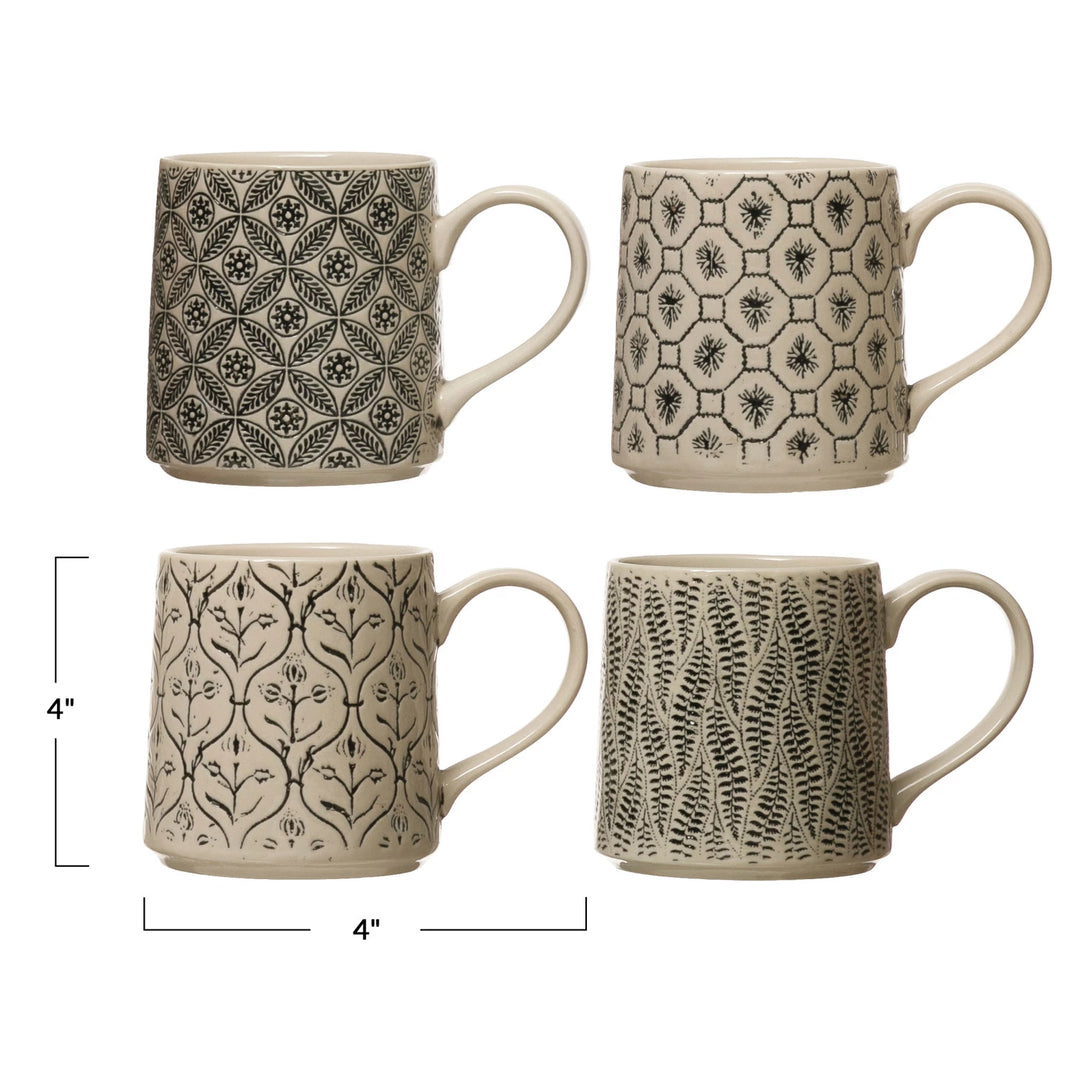 Hand-Stamped Black and White Mugs with Pattern