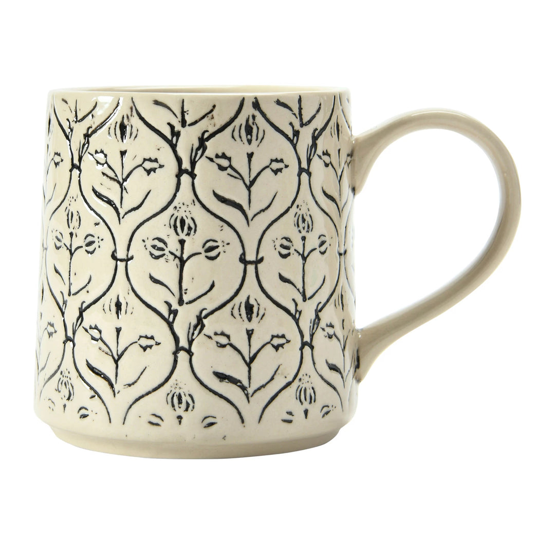 Hand-Stamped Black and White Mugs with Pattern