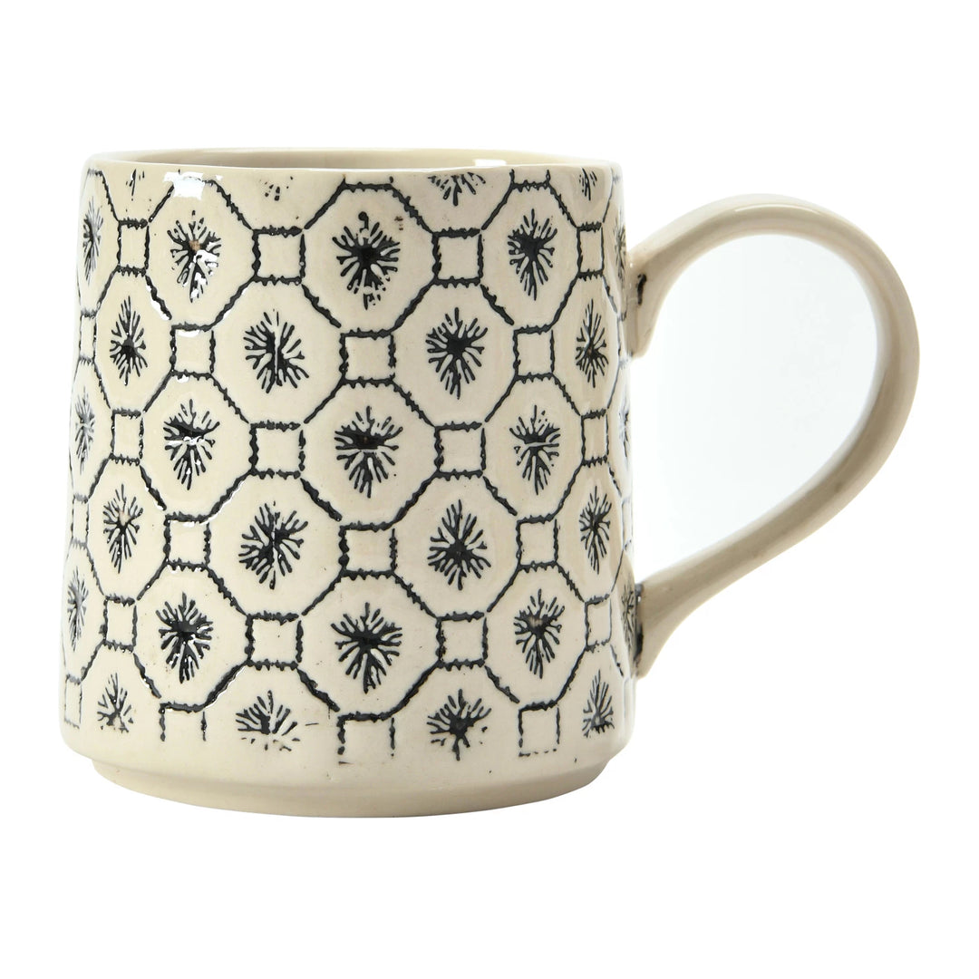 Hand-Stamped Black and White Mugs with Pattern