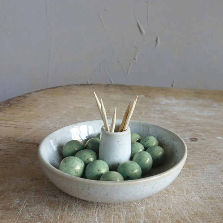 Stoneware Dish with Toothpick Holder with Glaze