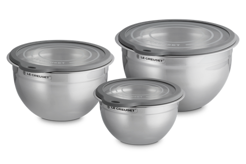 Set of 3 Stainless Steel Mixing Bowls with Glass Lids