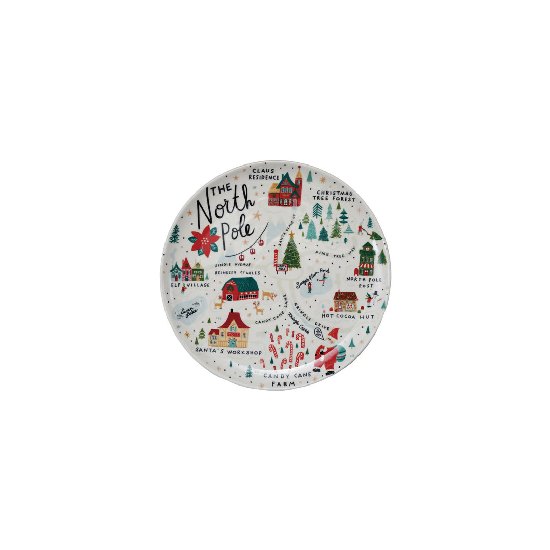 Round Stoneware Plate with North Pole Scene, 11"