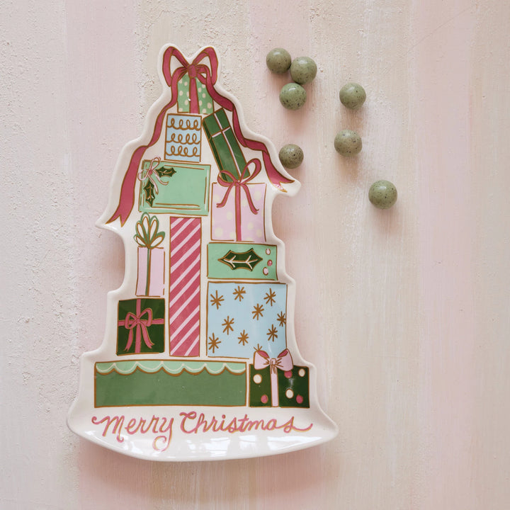 Merry Christmas Stoneware Platter with Gifts