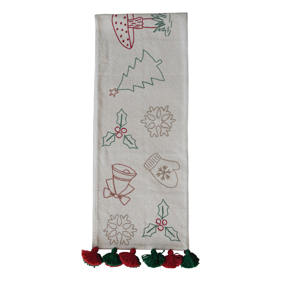 Woven Cotton Table Runner with Embroidered Holiday Icons & Tassels