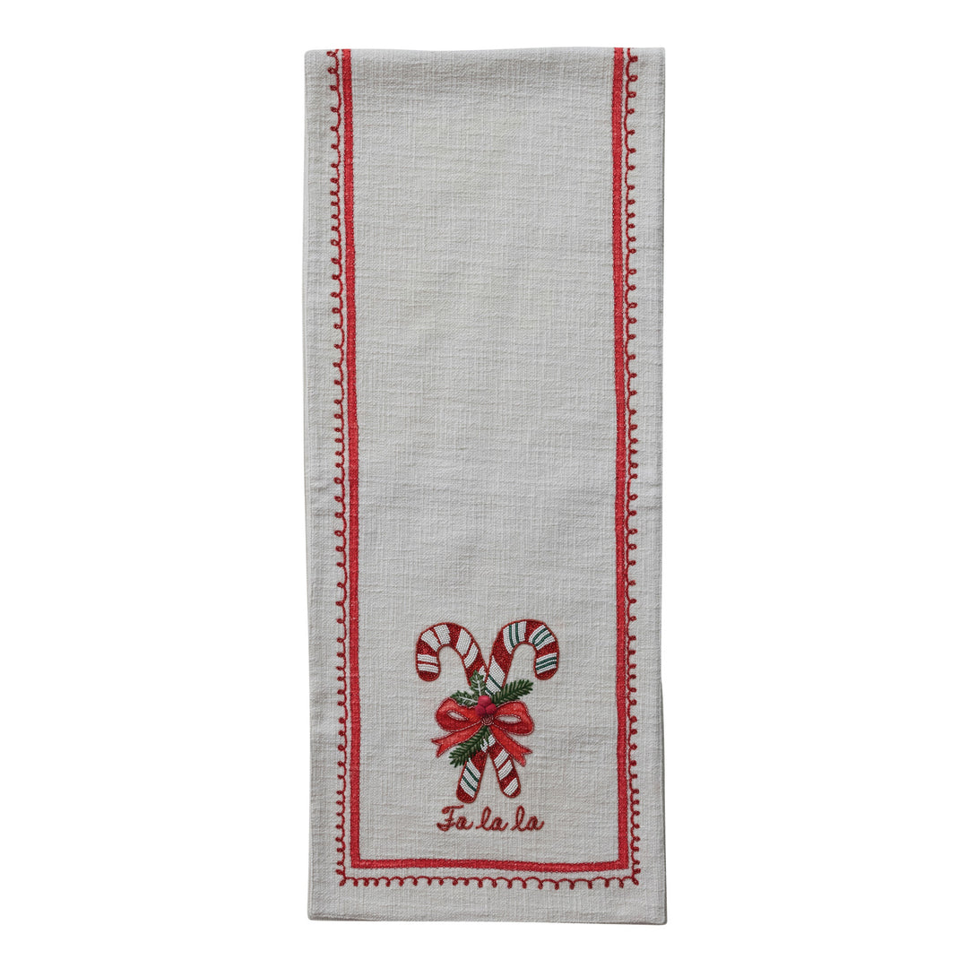 Cotton Slub Printed Table Runner with Embroidered Candy Canes, Bows, Holly Leaves & Beads ©