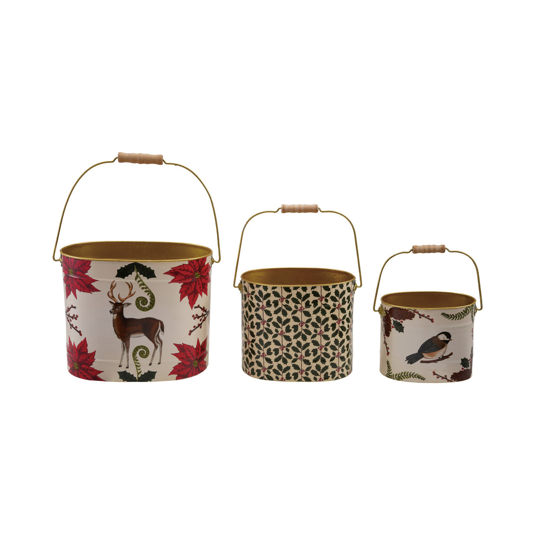 Metal Buckets with Handles & Seasonal Botanicals/Animals, Set of 3 ©