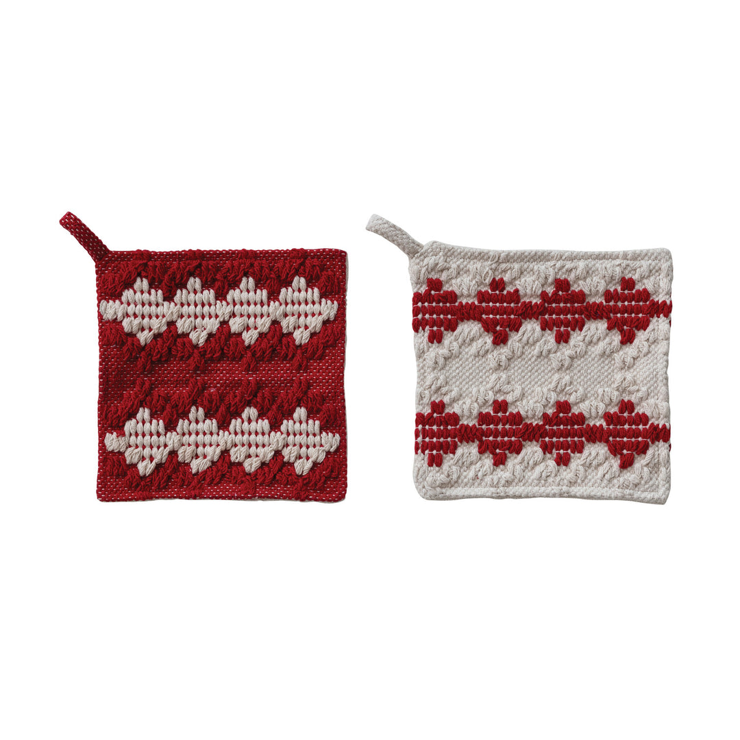 Woven Cotton Tufted Pot Holder with Diamond Pattern & Terry Cloth Back, 2 Colors