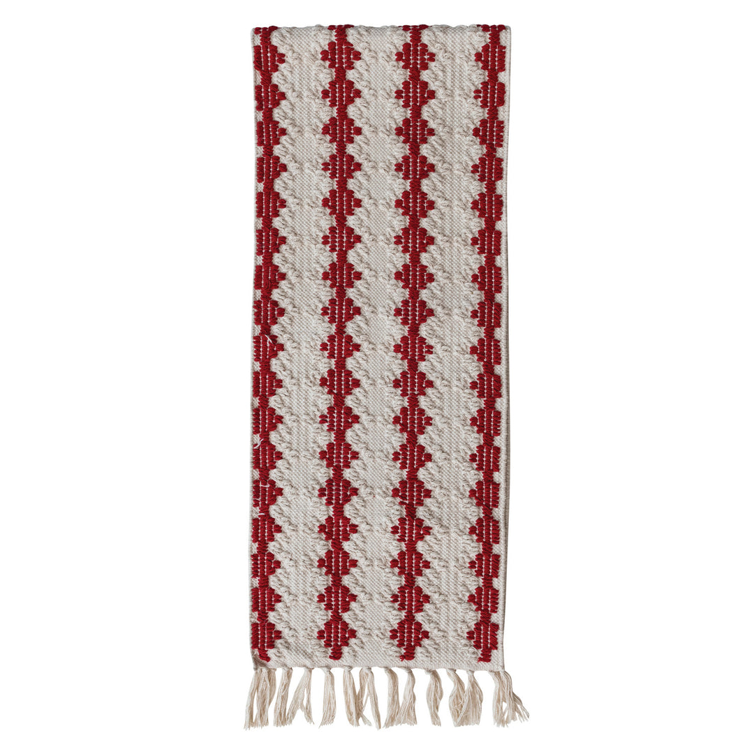 Woven Cotton Tufted Table Runner with Diamond Pattern & Tassels