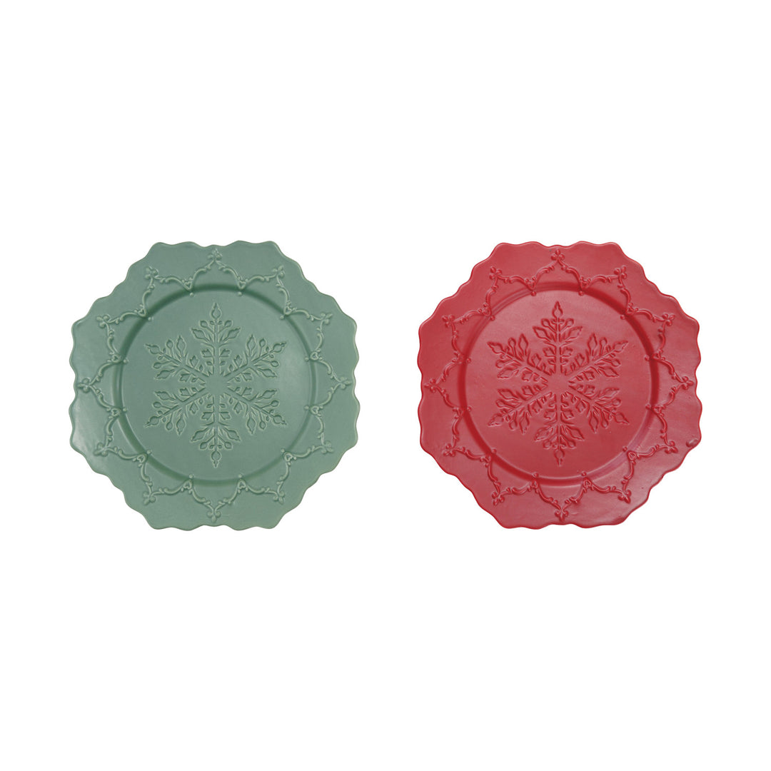 Ceramic Scalloped Octagon Shaped Plate with Snowflake & Design, Matte Finish, 2 Colors