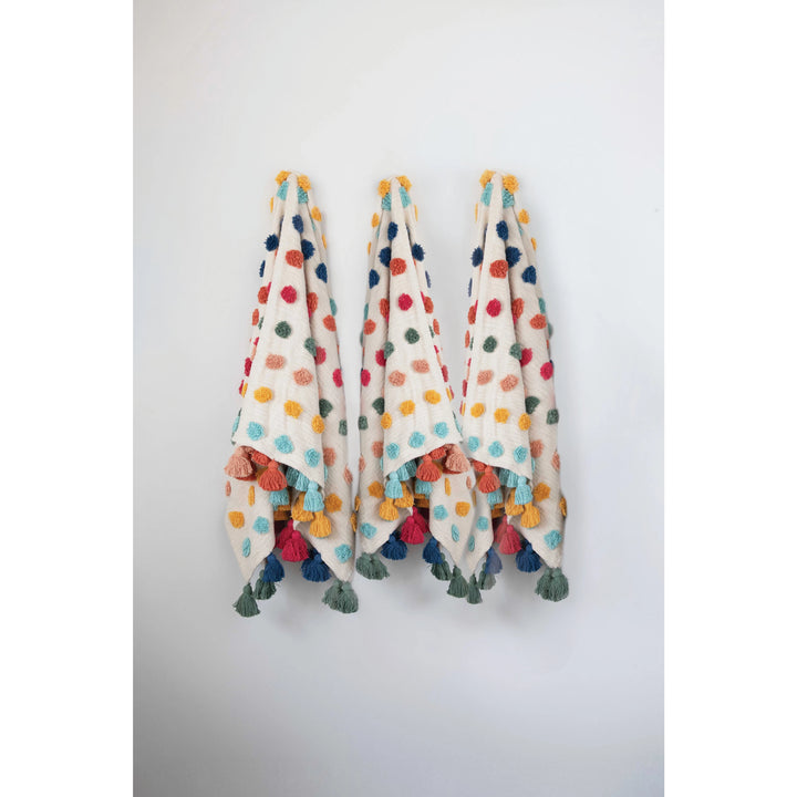 Woven Cotton Throw with Tufted Dots and Tassels