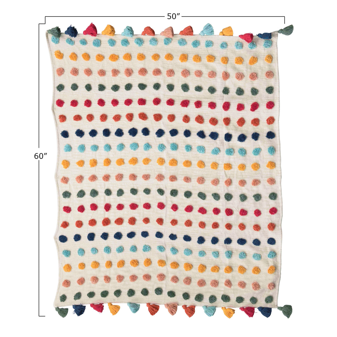 Woven Cotton Throw with Tufted Dots and Tassels
