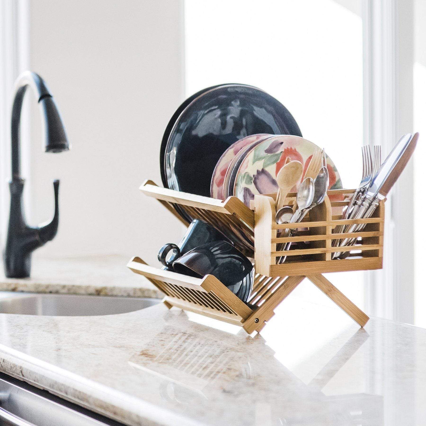 Wooden dish rack with utensil holder hot sale